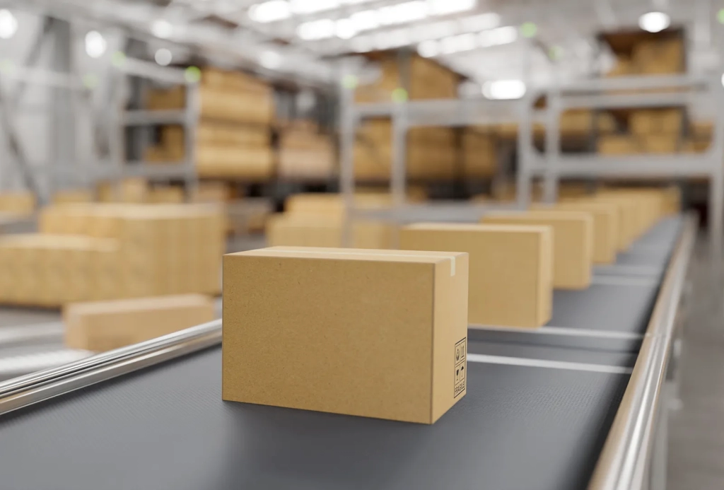Supply management ecommerce packaging boxes on conveyor
